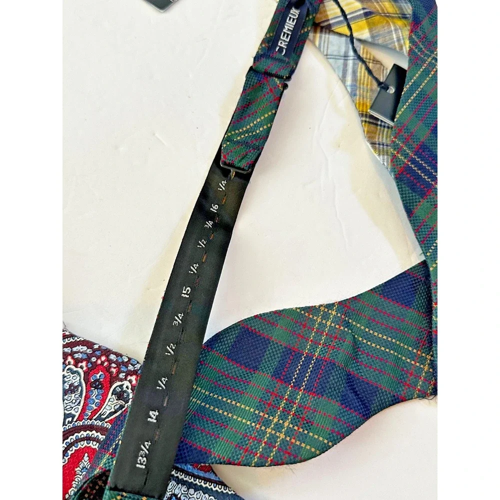 Cremieux Bow Tie Plaid Paisley Red Blue Green Brown 100% Silk Cotton Set 4 NEW